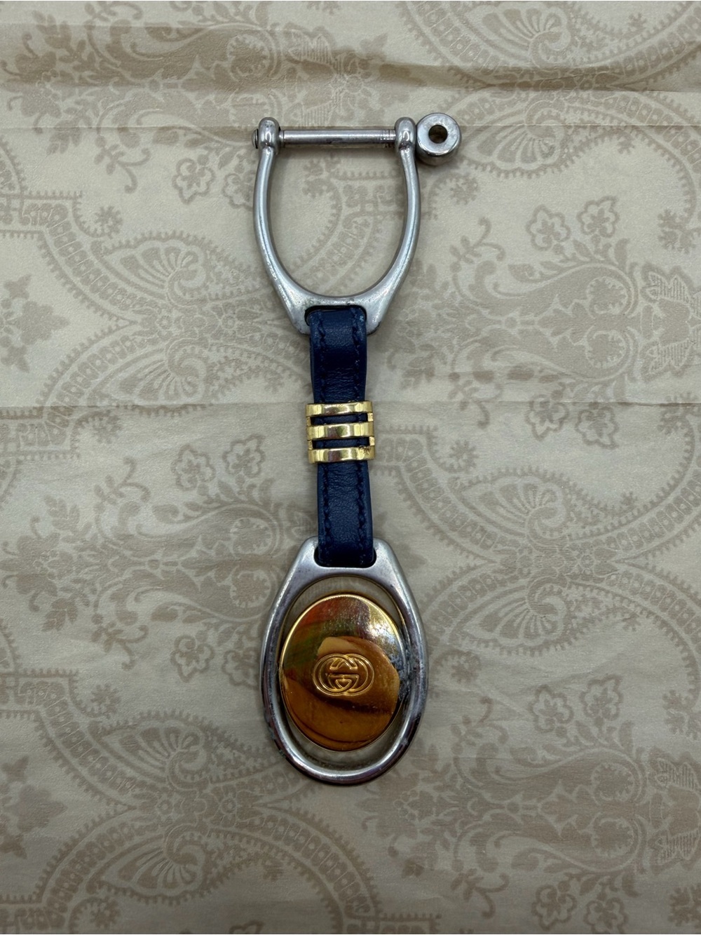 Gucci Blue Leather Key Ring with Gold and Silver Hardware
